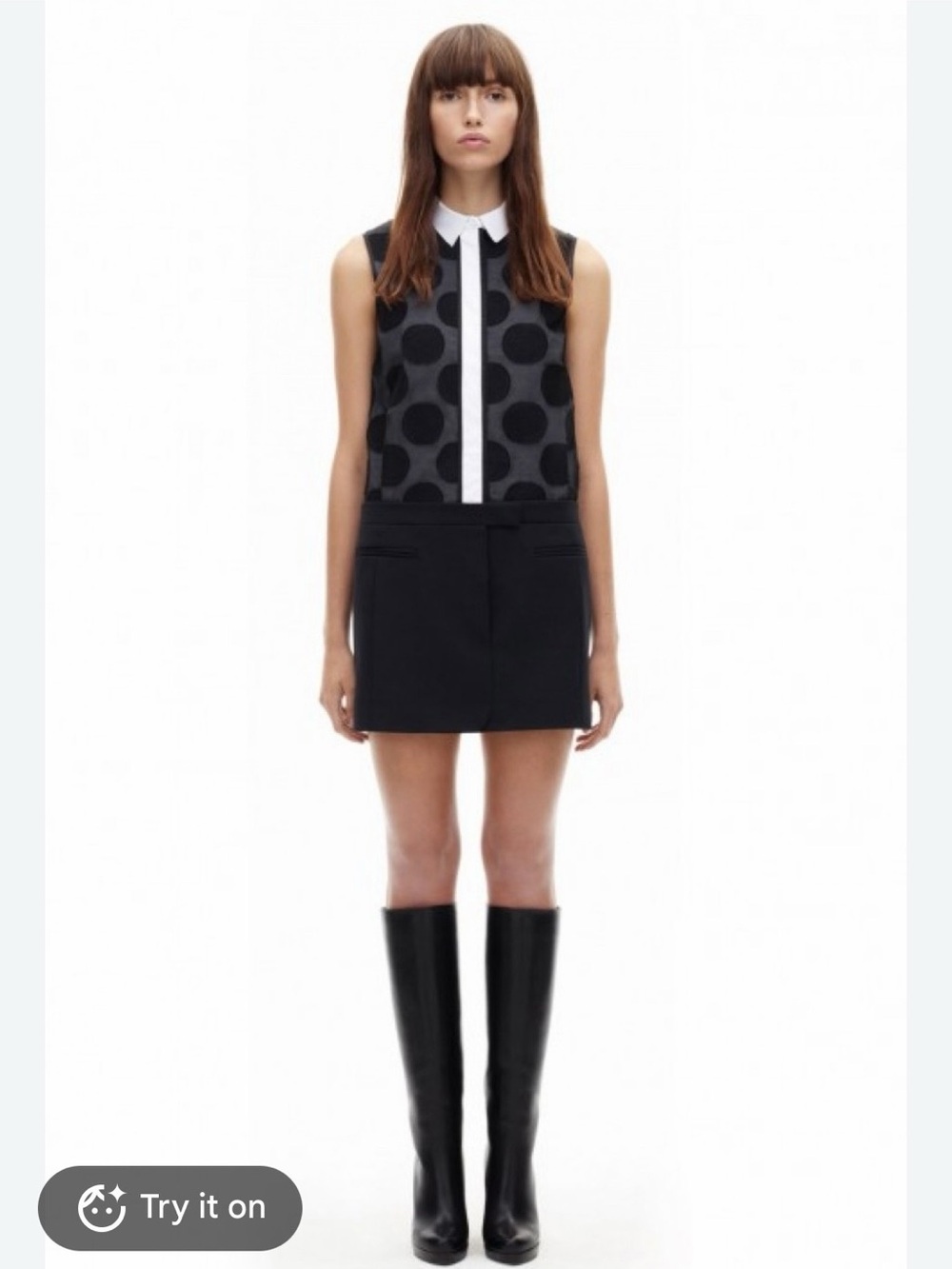 Victoria Beckham Black Polka Dot Sleeveless Mini Dress with White Collar